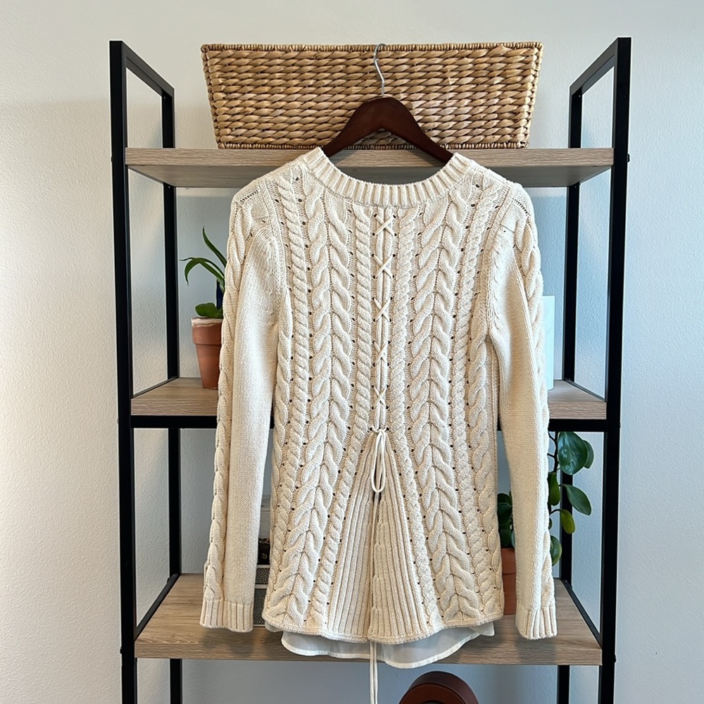 CAbi #3157 Cream Chunky Knit Crew Neck Sweater w/ Sheer Back Lining, S - Picture 4 of 8